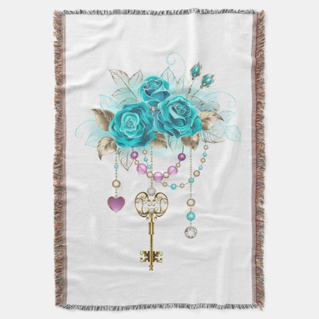 Turquoise Roses with Keys Throw Blanket (Front Vertical)