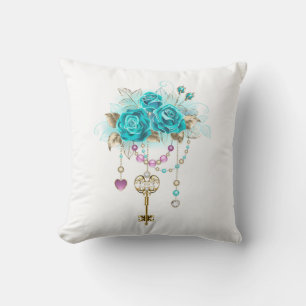 Turquoise Roses with Keys Throw Pillow