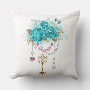 Turquoise Roses with Keys Throw Pillow