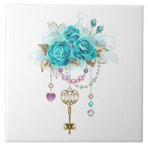 Turquoise Roses with Keys Tile
