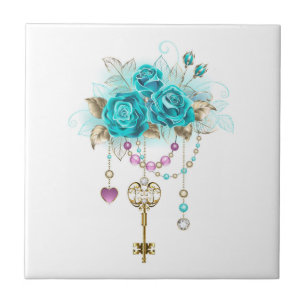 Turquoise Roses with Keys Tile