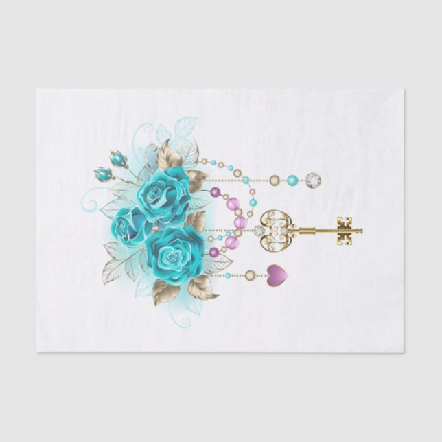 Turquoise Roses with Keys Tissue Paper (Front)