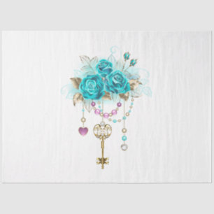 Turquoise Roses with Keys Tissue Paper