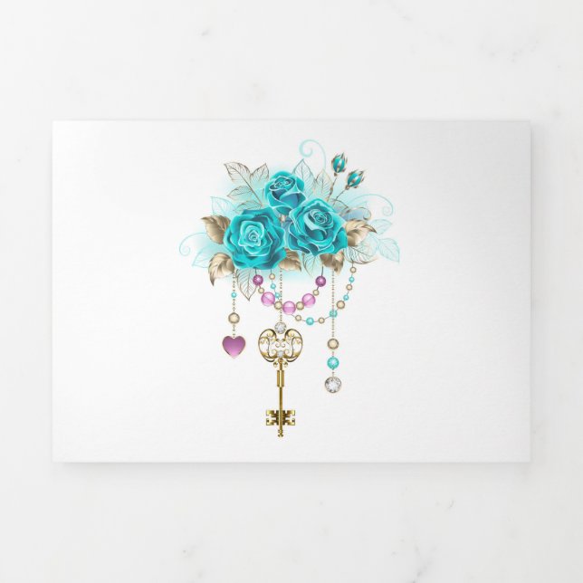 Turquoise Roses with Keys Tri-Fold Announcement (Cover)