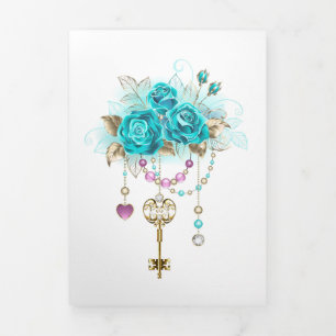 Turquoise Roses with Keys Tri-Fold Holiday Card