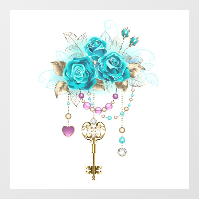 Turquoise Roses with Keys Window Cling (Sheet)