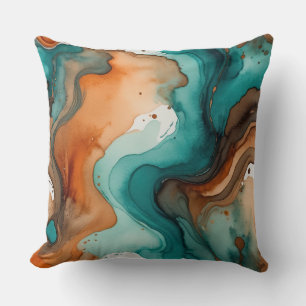 Turquoise, rust and black watercolor abstract throw pillow