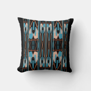 Turquoise Rust Coral on Black Mediterranean Mosaic Throw Pillow