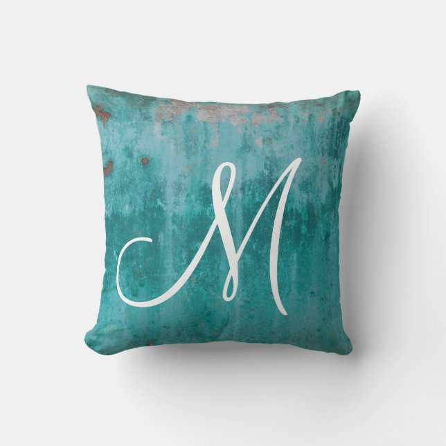 Turquoise Rust Monogram Throw Pillow (Front)