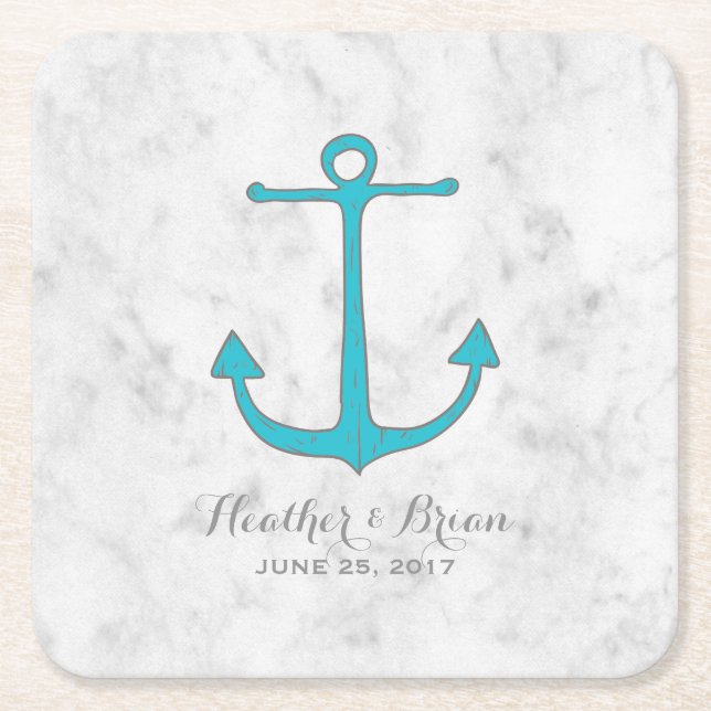 Turquoise Rustic Anchor Wedding Square Paper Coaster (Front)