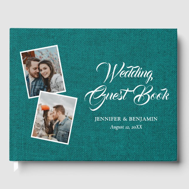 Turquoise Rustic Burlap Mariage Photo Livre d'invi (Recto)