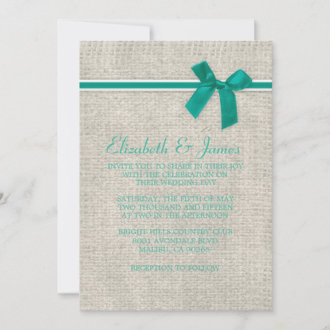 Turquoise Rustic Burlap Wedding Invitations (Front)
