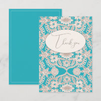 Turquoise Rustic Faux Lace Flat Thank You Card