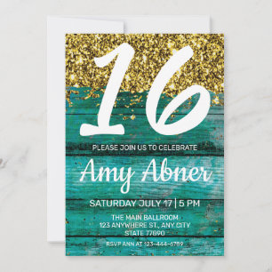 Turquoise Rustic Gold Glitter 16 Birthday Party In Invitation