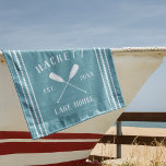 Turquoise Rustic Oars Personalized Lake House Beach Towel<br><div class="desc">Customize your lake house with this cute personalized beach towel featuring your family name or house name and year established in white lettering accented with a pair of oars or canoe paddles on a turquoise teal background.</div>