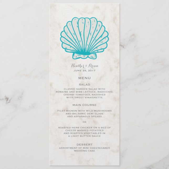 Turquoise Rustic Seashell Wedding Menu (Front)