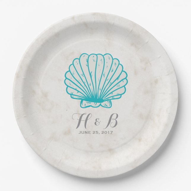 Turquoise Rustic Seashell Wedding Paper Plate (Front)