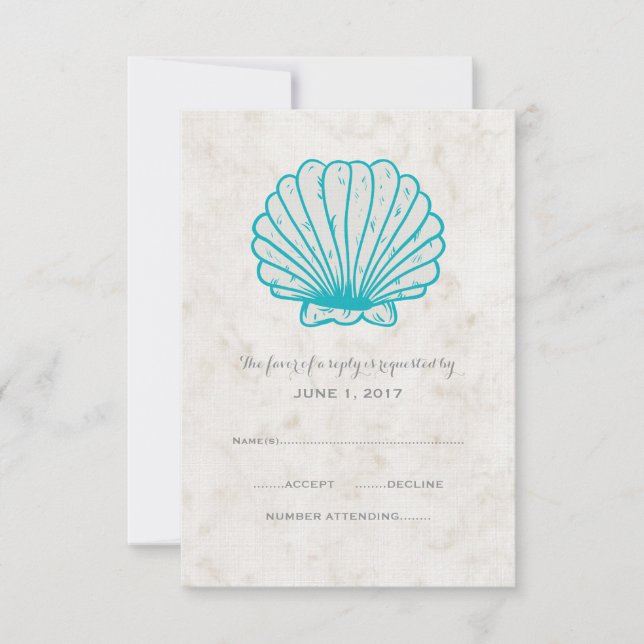 Turquoise Rustic Seashell Wedding RSVP Card (Front)
