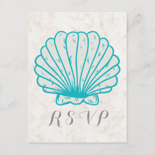 Turquoise Rustic Seashell Wedding RSVP Postcard