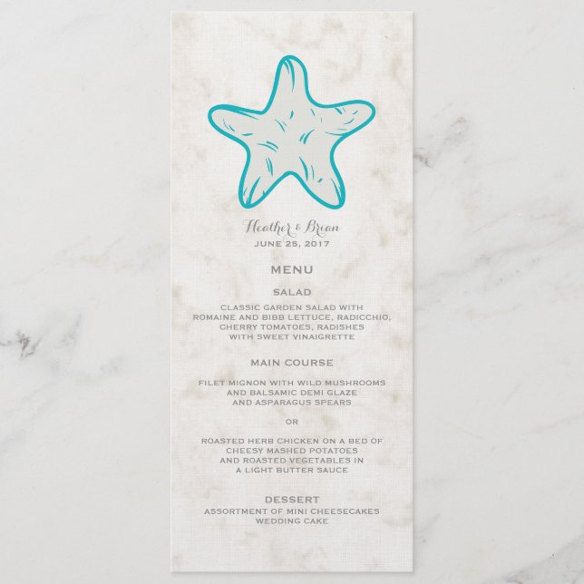 Turquoise Rustic Starfish Menu Mariage (Devant)