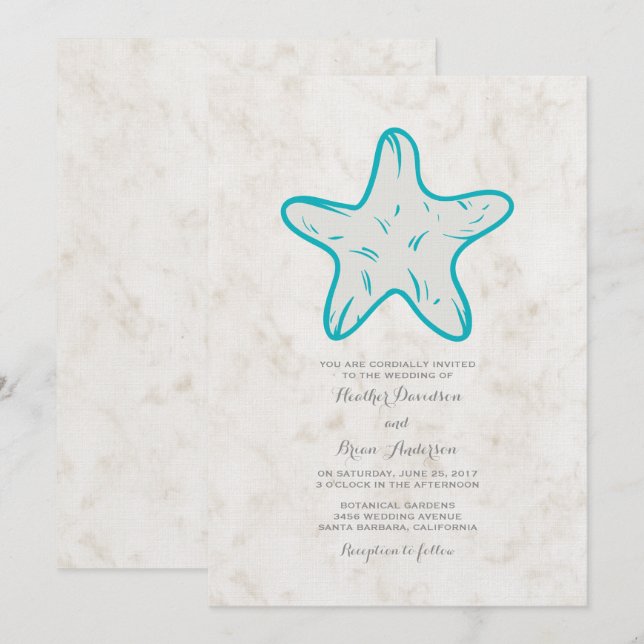 Turquoise Rustic Starfish Wedding Invitation (Devant / Derrière)