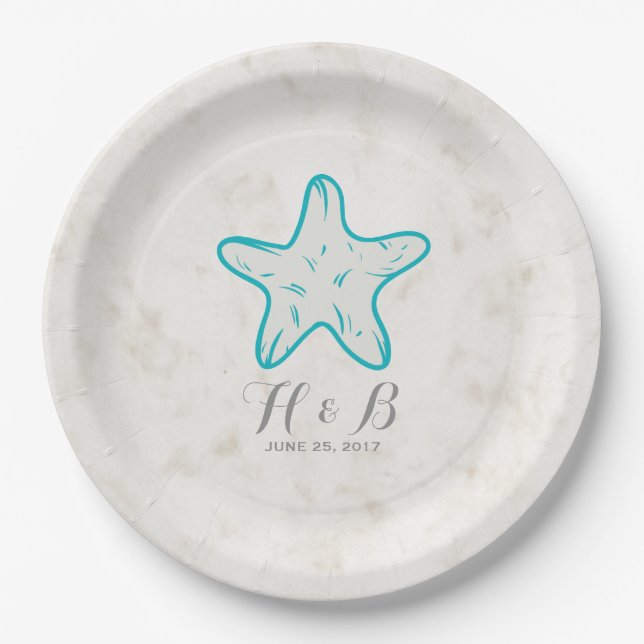 Turquoise Rustic Starfish Wedding Paper Plate (Front)