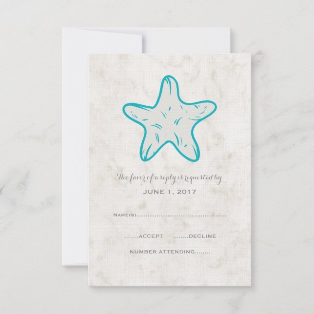 Turquoise Rustic Starfish Wedding RSVP Card (Front)
