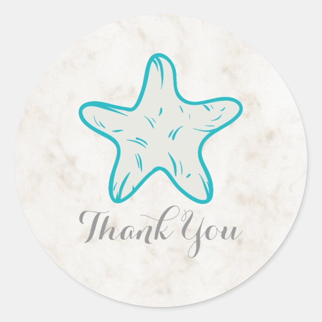 Turquoise Rustic Starfish Wedding Thank You Classic Round Sticker (Front)