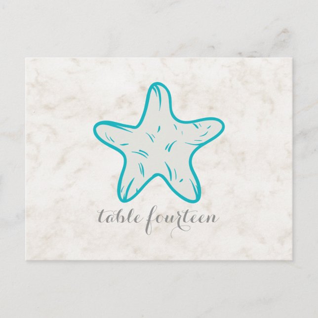 Turquoise Rustique Starfish Numéro de table Carte  (Devant)