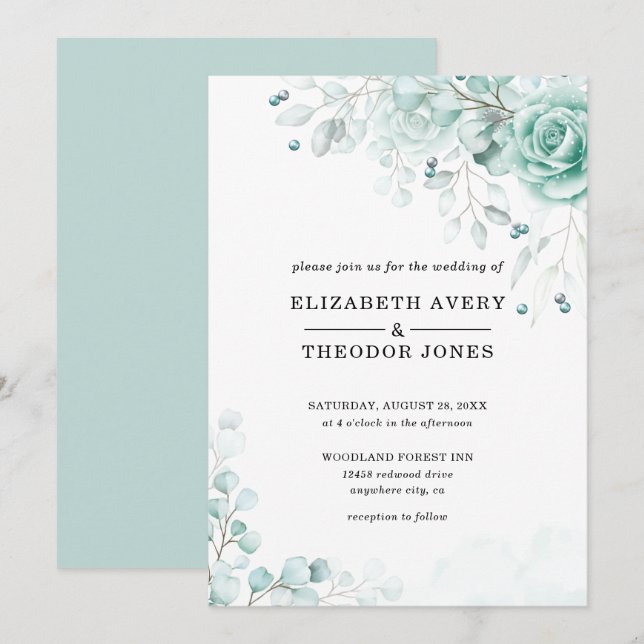 Turquoise sage greens Floral Wedding Invitation (Front/Back)