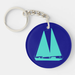Turquoise Sailboat On Navy Blue Coastal Decor Keychain