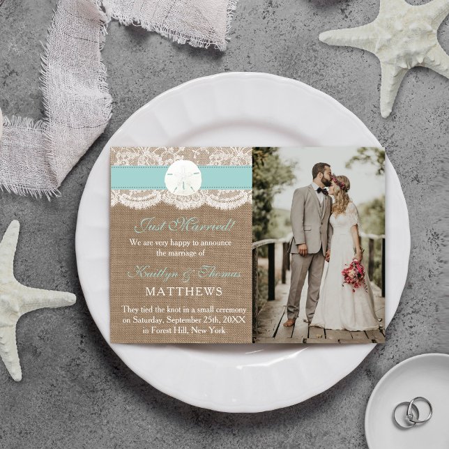 Turquoise Sand Dollar Beach Wedding Photo Marriage Announcement (Creator Uploaded)