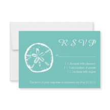 Turquoise sand dollar RSVP beach wedding cards