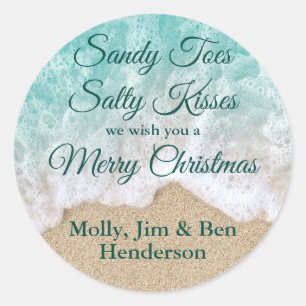 Turquoise Sandy Toes Salty Kisses Merry Christmas Classic Round Sticker