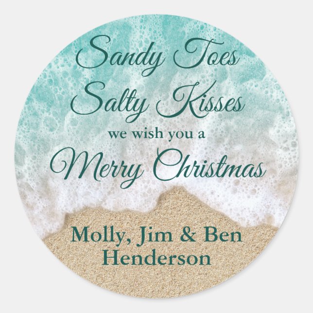 Turquoise Sandy Toes Salty Kisses Merry Christmas Classic Round Sticker (Front)
