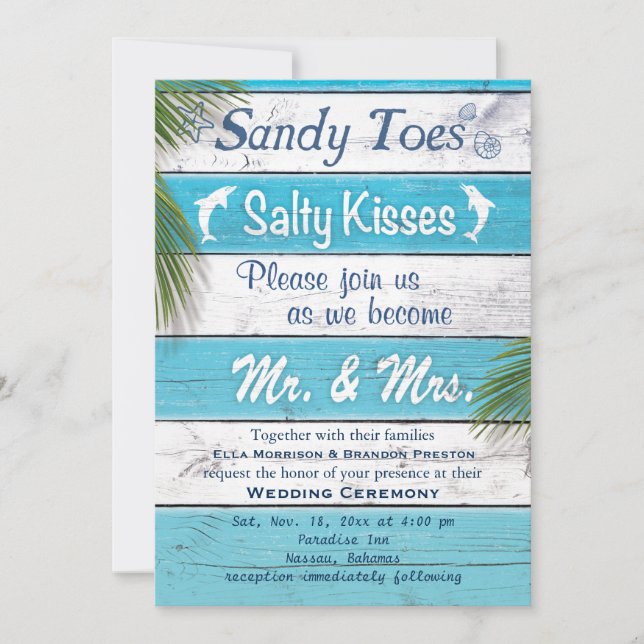 Turquoise Sandy Toes Salty Kisses Wedding Invite (Front)