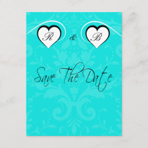 Turquoise Save the Date Wedding Initial Hearts