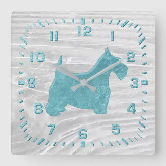 Turquoise Scottie White Wash Wood Square Wall Clock