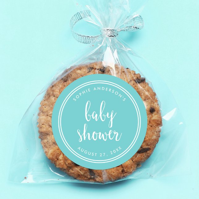Turquoise Script and White Stripes Baby Shower Classic Round Sticker (Creator Uploaded)