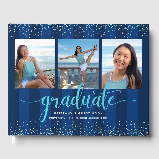 Turquoise script on navy graduation photo collage guest book (Front)