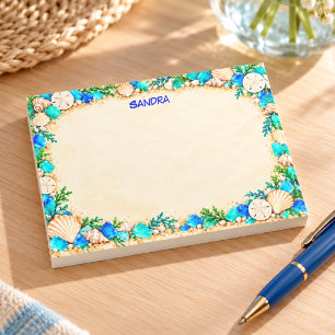 Turquoise Sea Glass & Seashell Beach Border Post-it Notes