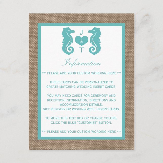 Turquoise Seahors Burlap Beach Wedding Collection Enclosure Card (Front)