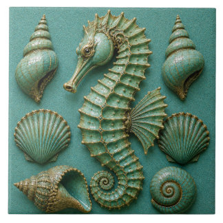 Turquoise Seahorse and Seashell Coastal Tile