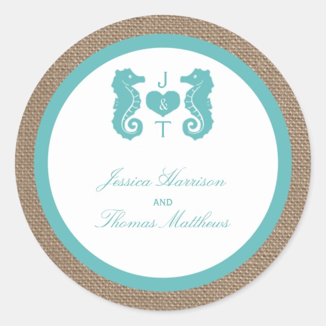 Turquoise Seahorse Burlap Beach Wedding Collection Classic Round Sticker (Front)