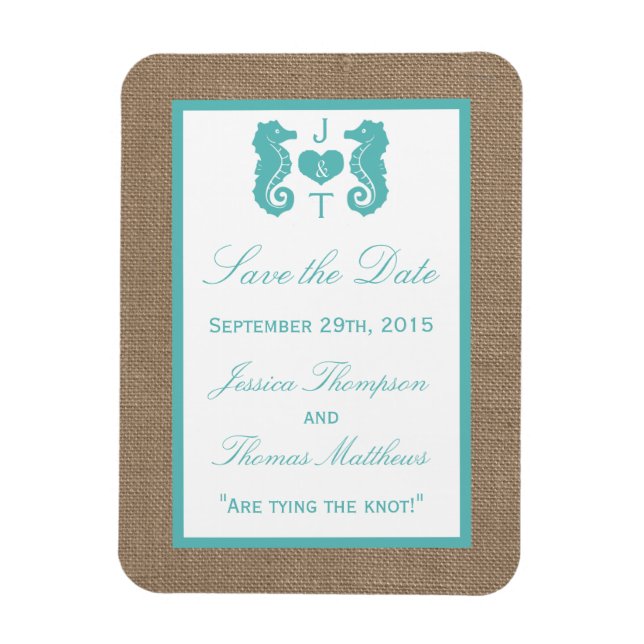 Turquoise Seahorse Burlap Beach Wedding Collection Magnet (Vertical)