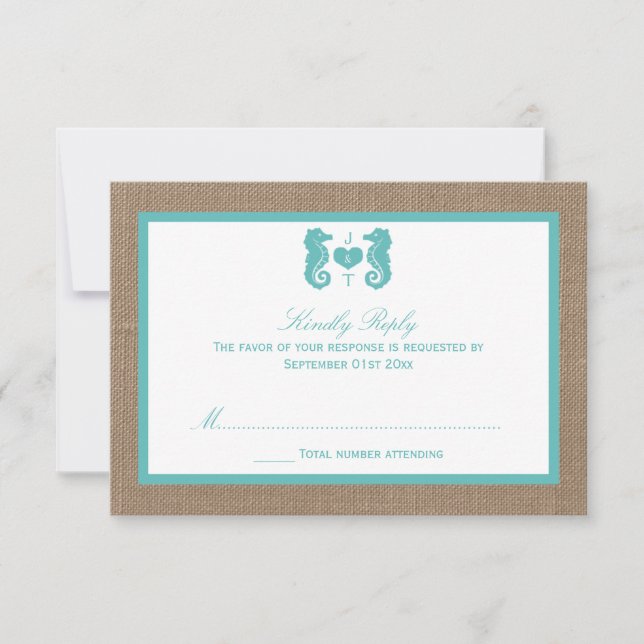 Turquoise Seahorse Burlap Beach Wedding Collection RSVP Card (Front)