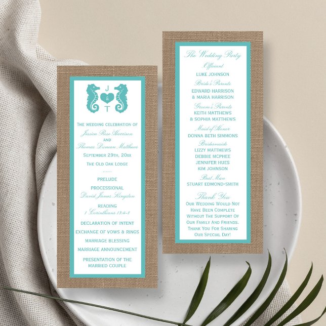 Turquoise Seahorse Burlap Beach Wedding Program (Creator Uploaded)