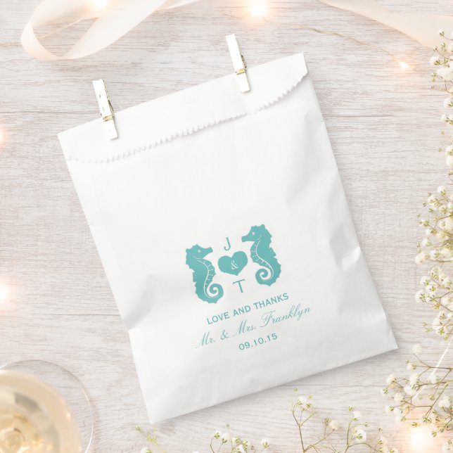 Turquoise Seahorse Monogram Beach Wedding Favour Bag (Clipped)