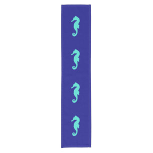 Turquoise Seahorse On Navy Blue Coastal Decor Short Table Runner