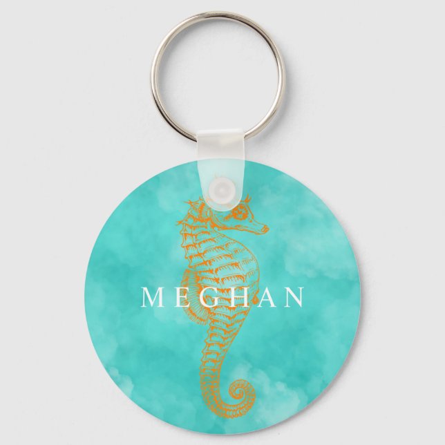Turquoise Seahorse | Personalized Button Keychain (Front)